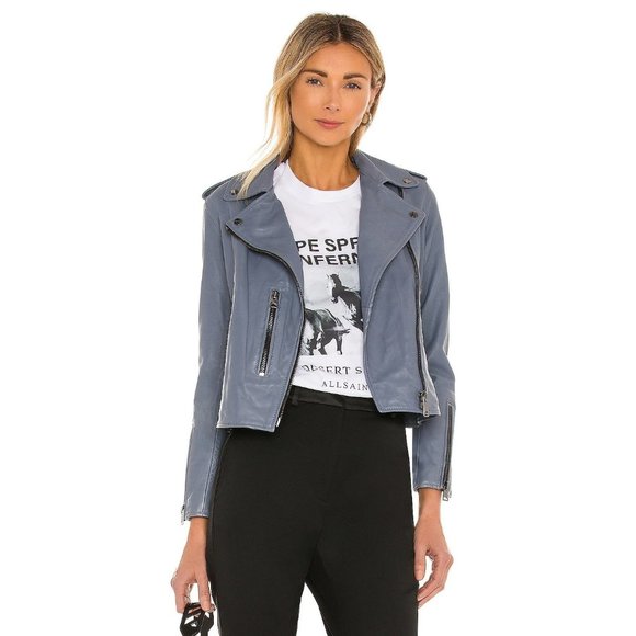 ALLSAINTS Fern Biker Leather Jacket in Flint Blue Size 0 \ - Picture 1 of 16